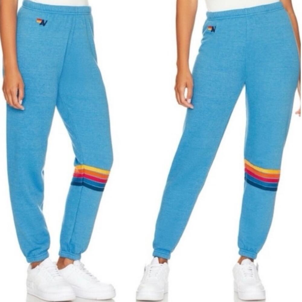 Aviator Nation Blue Track Pants with Rainbow Stripes